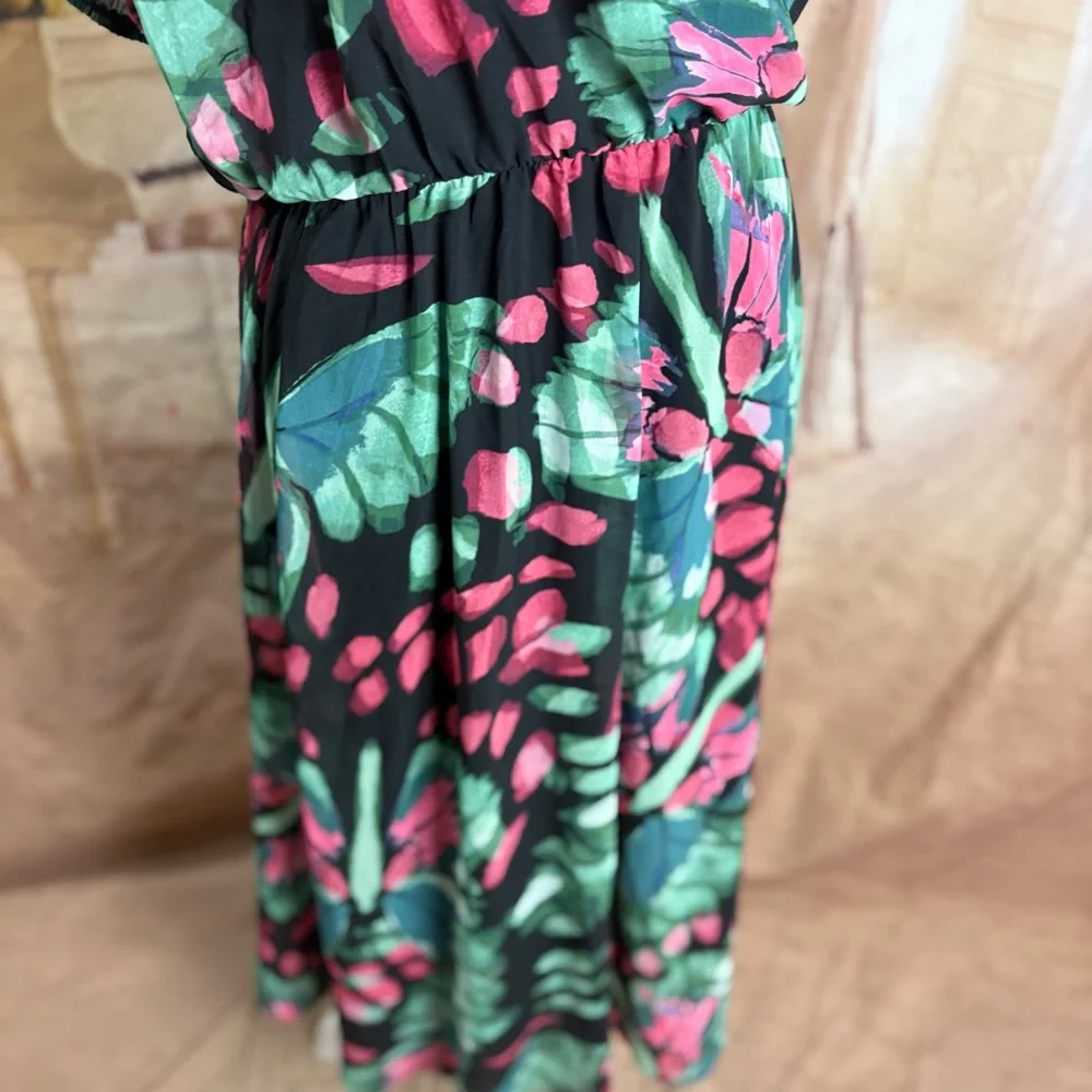 NEW Torrid Chiffon Green and Pink Ruched Midi Dress Fit and Flare - Picture 10 of 13